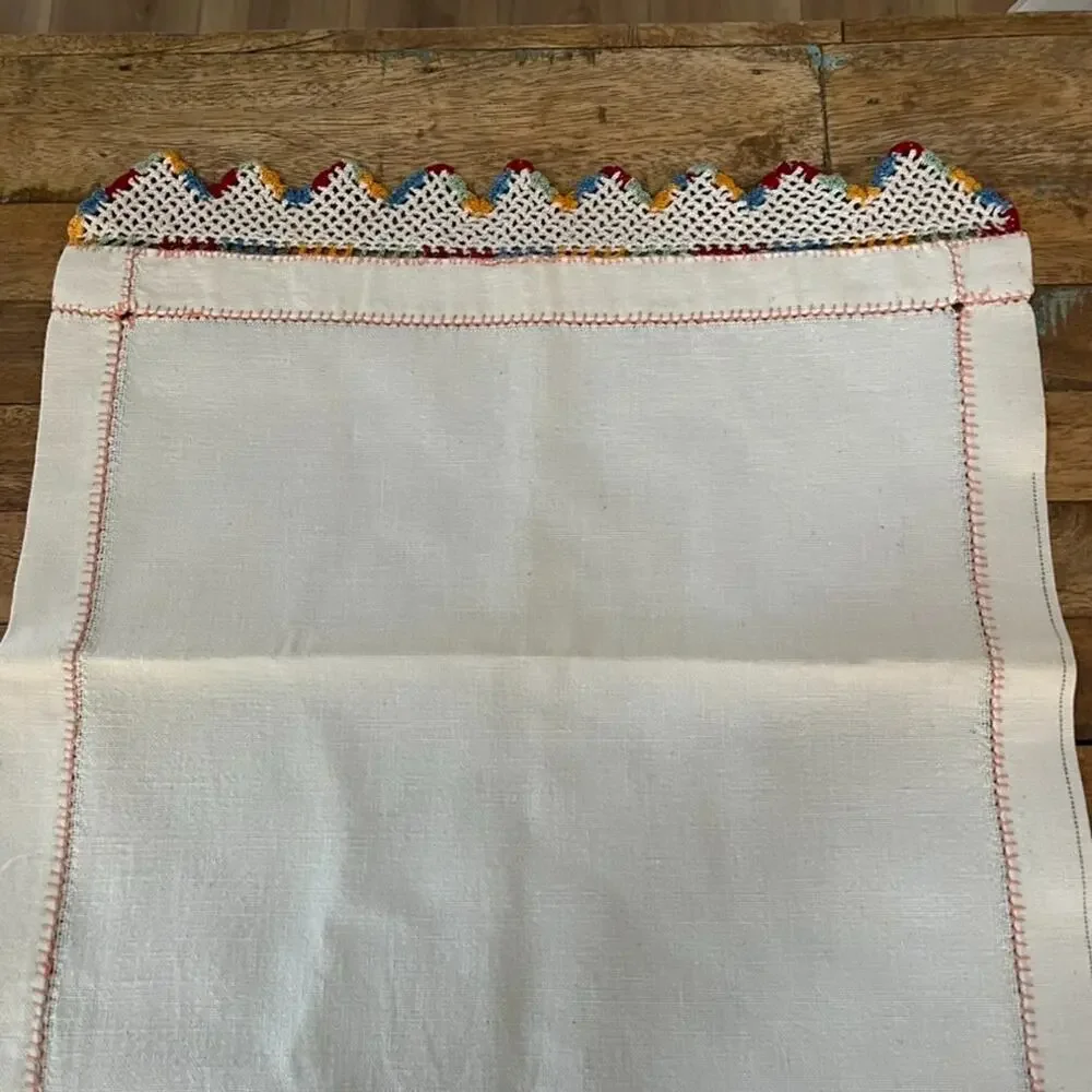 Vintage Handmade Cream Linen Table Runner Colorful Crochet Lace Edge